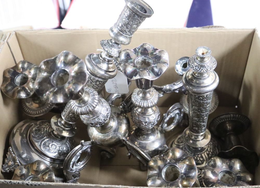 A pair of early 20th century Russian/Polish 84 zolotnik candlesticks and a pair of candelabra arms.